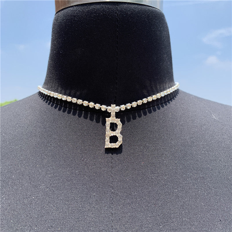 Women Rhinestone Alphabet Necklace