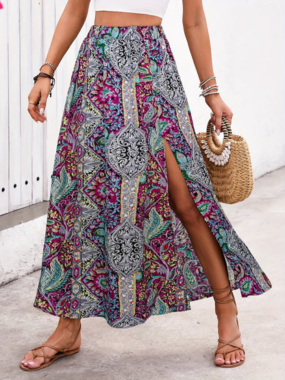 Women Fashion Boho Printed Split Loose Skirt