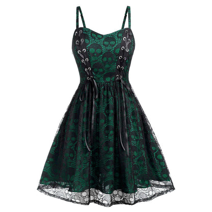 Women Fashion Retro Gothic Lace Splice Skull Dress