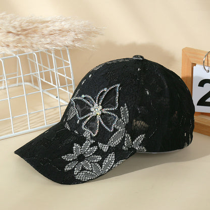 Gorra de béisbol con mariposas y encaje de diamantes de imitación para mujer