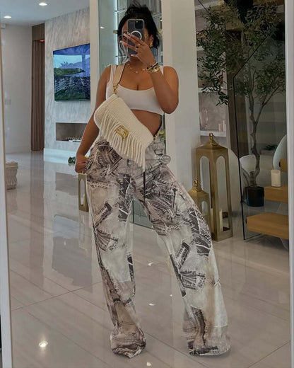 Women Fashion Casual Printed Elastic Drawstring Pants