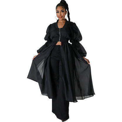 Vestido de malla de manga larga de color liso a la moda para mujer
