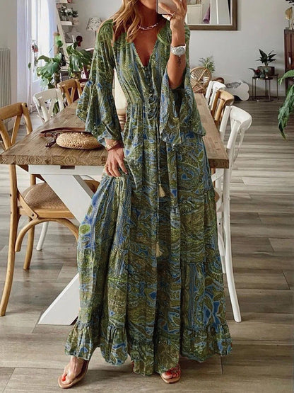Women Fashion Casual Bohemian Tiny Flower Print V-Neck Horn Sleeve Maxi Dress