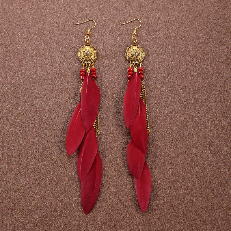 Boucles d'oreilles à pompons et plumes de style ethnique bohème rétro