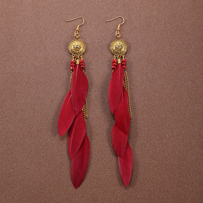 Boucles d'oreilles à pompons et plumes de style ethnique bohème rétro