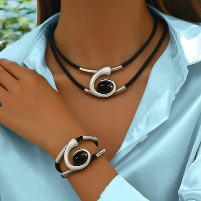 Women Casual Boho Gold & Black Necklace Bracelet Set