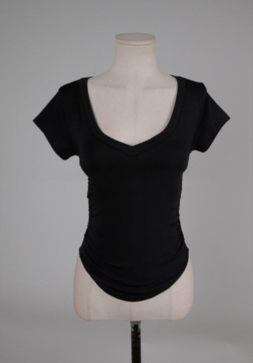 T-shirt simple et basique à col en V et manches courtes pour femme, moulant, uni et vierge