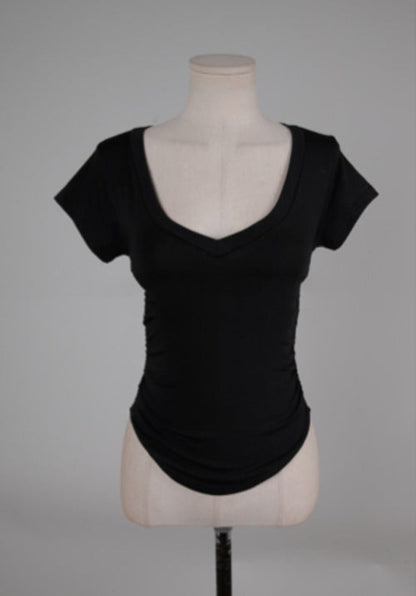 T-shirt simple et basique à col en V et manches courtes pour femme, moulant, uni et vierge