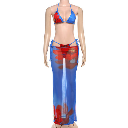 Conjunto de bikini de tres piezas con cordones y estampado floral degradado sexy para mujer