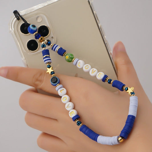 Lanière pour étui de téléphone avec perles créatives et motif mauvais œil
