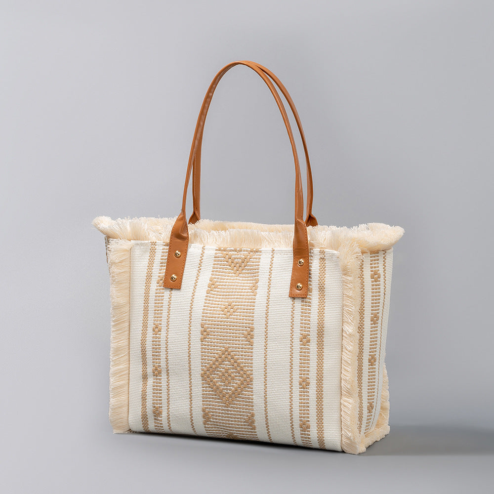 Bolso tote de lona con borlas de gran capacidad estilo bohemio