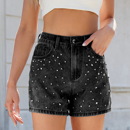 Short en jean à strass et perles pour femme