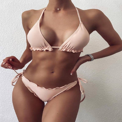 Traje de baño de bikini estilo halter con volantes de color liso para mujer