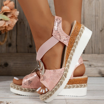 Sandales compensées à bout ouvert pour femmes, décontractées, en corde de chanvre, avec boucle en métal, pour les vacances