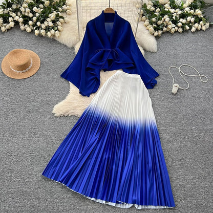 Women Gradient Color Lace-Up Blouse Pleated Skirt Set