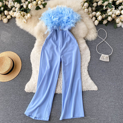 Fashion Women Pink Feather Strapless Summer Jumpsuit