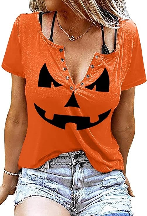 Camiseta de manga corta de algodón con estampado de linterna de calabaza de Halloween