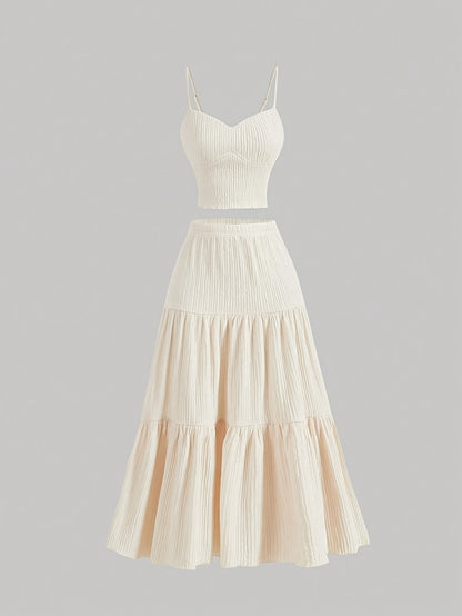 Women Fashion Casual Solid Color Camisole Top Loose Skirts Two-Piece Set
