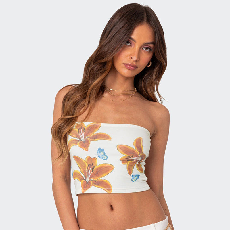Women Summer Fashion Floral Print Strapless Crop Top