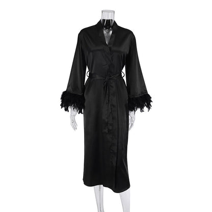 Women Fashion Loose Long Sleeve Feather Satin Pajamas Set