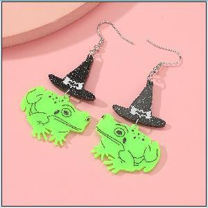 Halloween Women Fashion Creative Funny Acrylic Witch Hat Frog Earrings