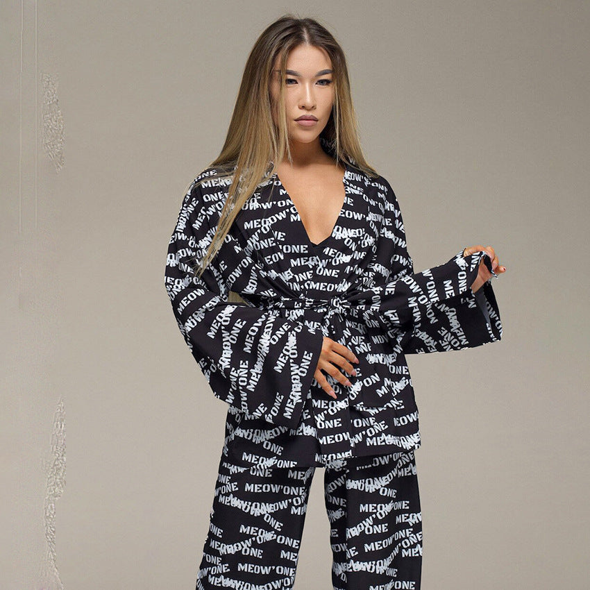 Women Loose Casual Fashion Printed Silk Pajamas Set