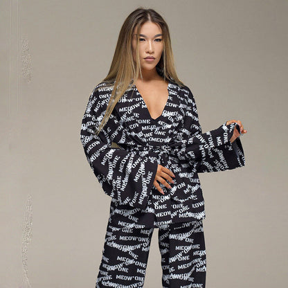 Women Loose Casual Fashion Printed Silk Pajamas Set