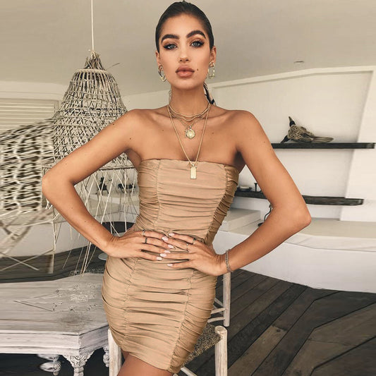 Summer Women Sexy Strapless Pleated Bodycon Dress in Milk Fiber