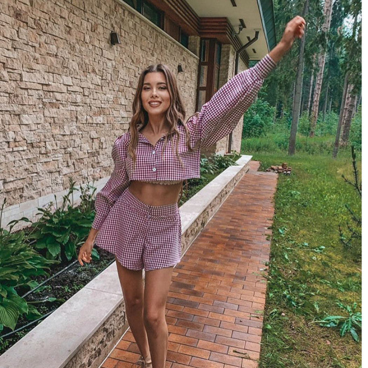 Conjunto de blusa informal con solapa y estampado de cuadrícula para mujer