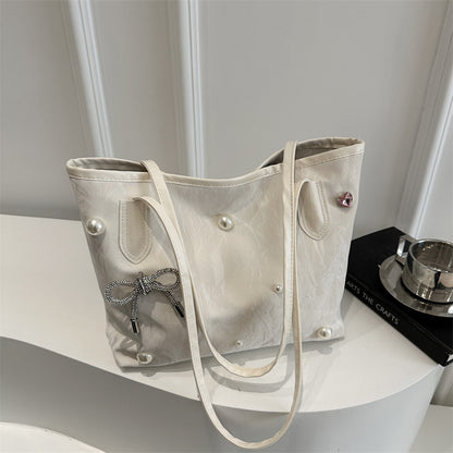 Bolso de mano elegante con lazo de perlas y gran capacidad en color sólido para mujer