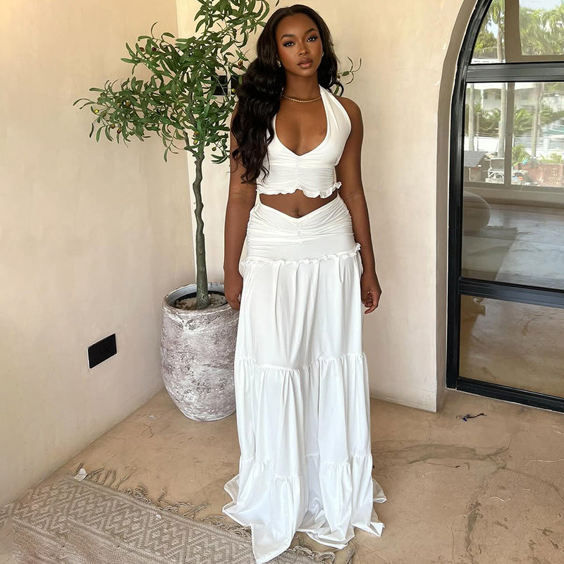 Women Fashion Sexy Solid Color Crop Top and Pleated Skirt Set