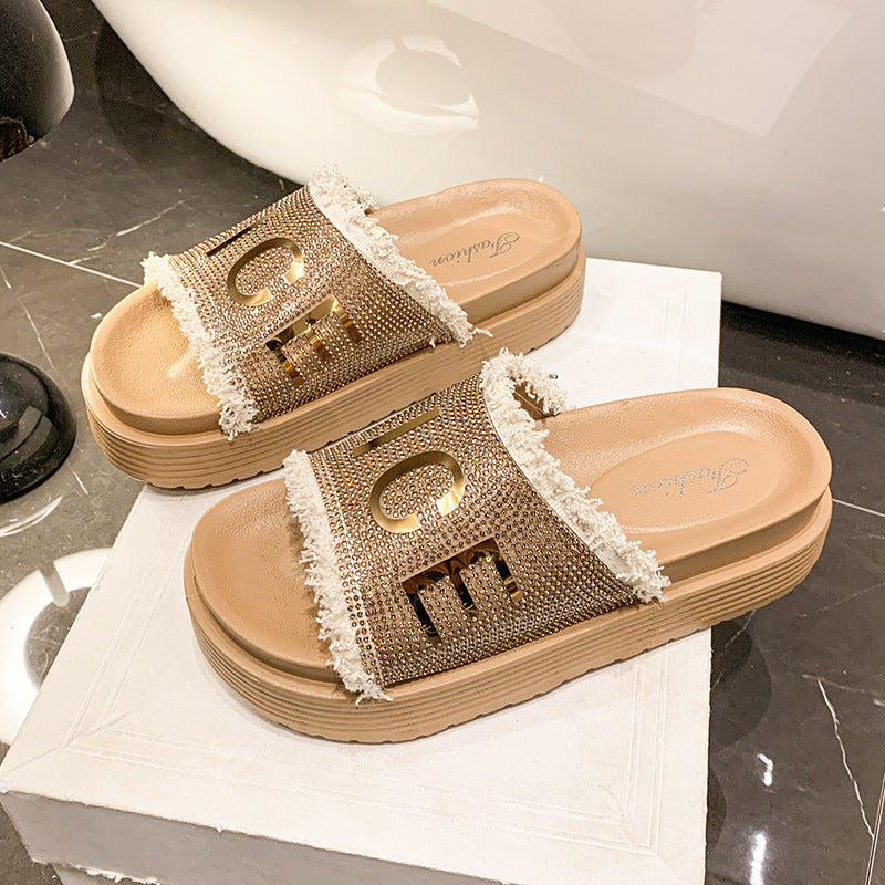 Pantuflas de plataforma con diamantes de imitación y punta redonda