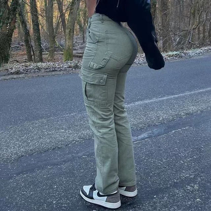 Pantalones ajustados informales de color liso con múltiples bolsillos y muy elásticos para mujer