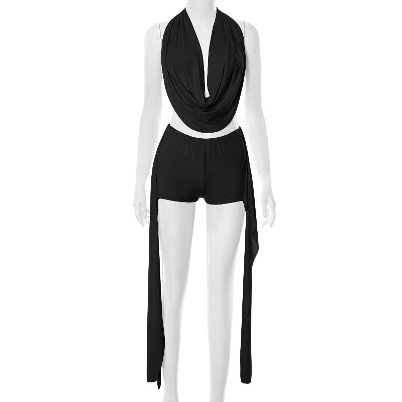 Conjunto de dos piezas de top y shorts de color liso para mujer - Poliéster y elastano