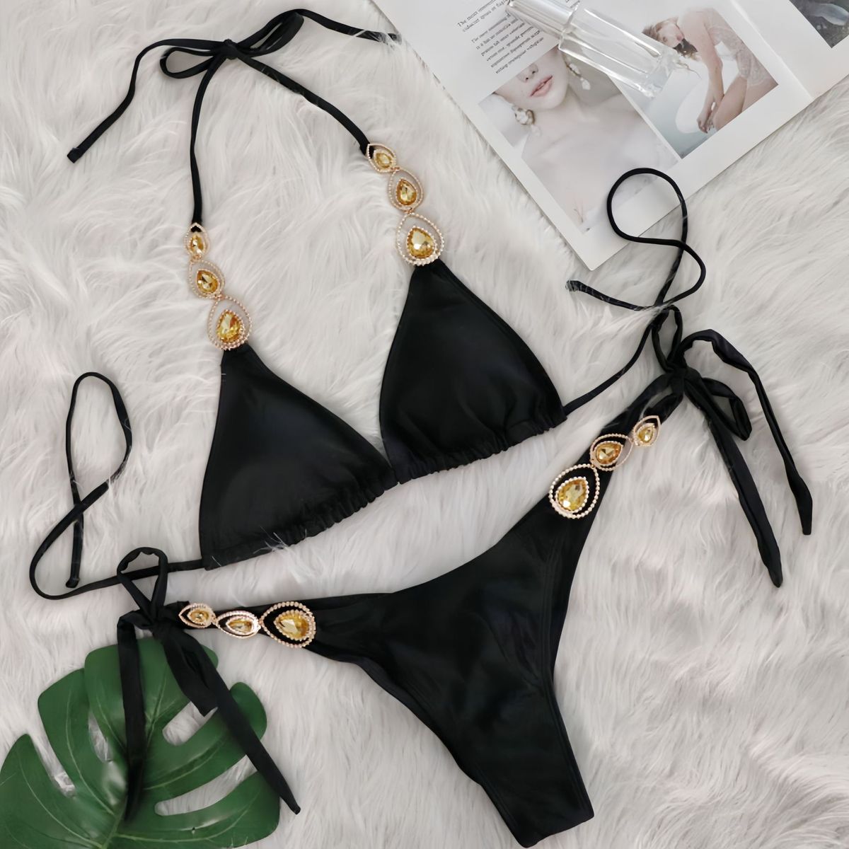 Women Sexy Rhinestone Lace Bikini Set