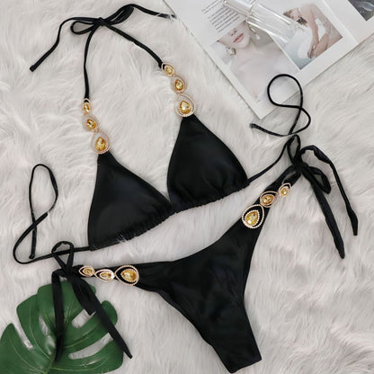 Women Sexy Rhinestone Lace Bikini Set