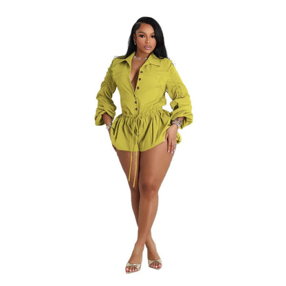 Women Fashion Elegant Solid Color Lapel Long-Sleeve Rompers