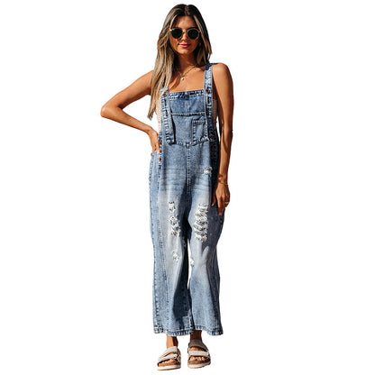 Autumn Cotton Denim Ripped Sleeveless Jumpsuit with High Waist