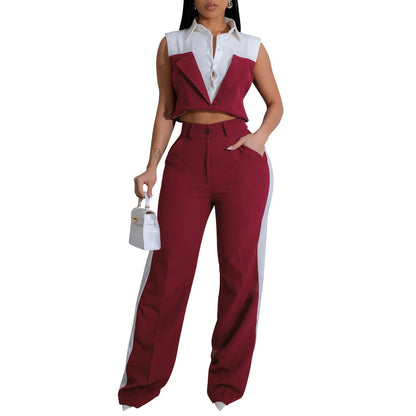 Ensemble chemise et pantalon sans manches pour femme, color block, polyester et élasthanne