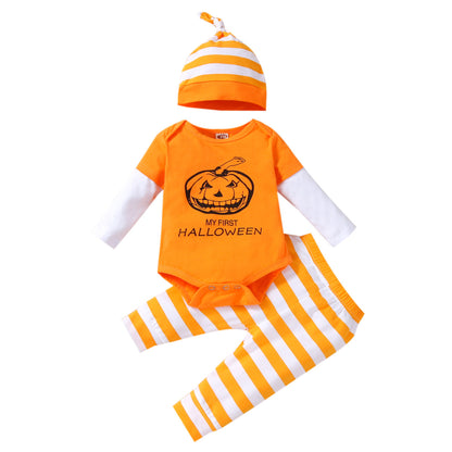 Conjunto de pantalones y mameluco de manga larga con estampado de calabaza informal para niños y niñas