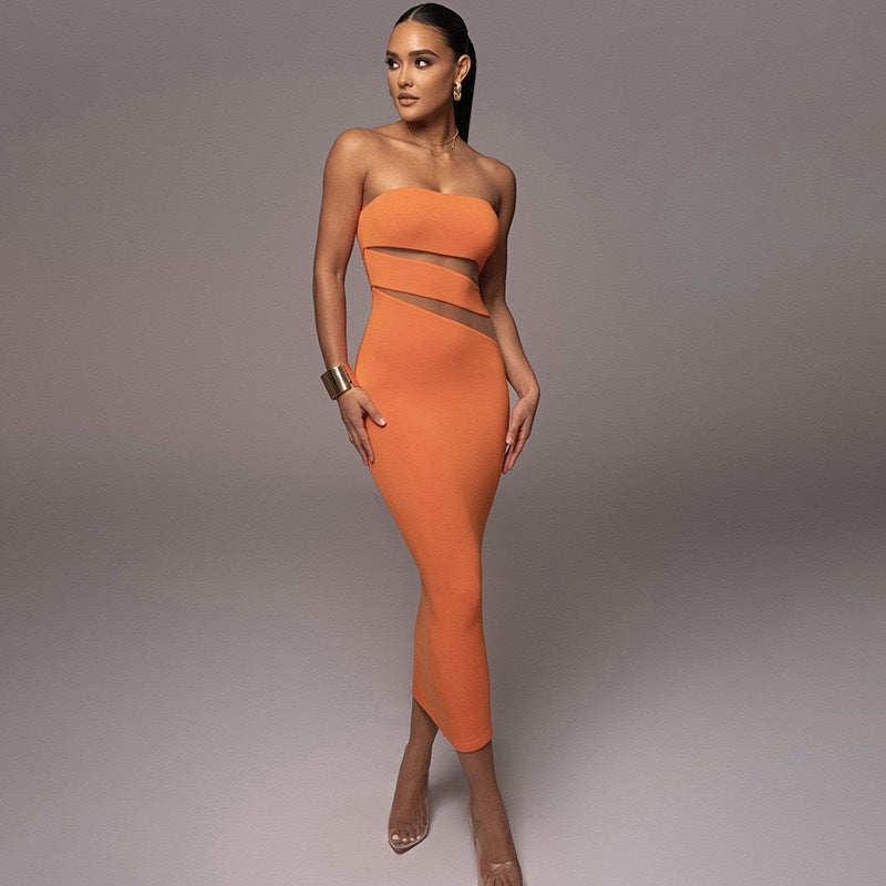 Women Fashion Elegant Solid Color Strapless Dress
