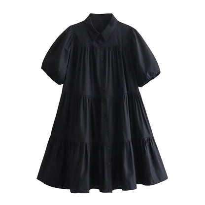 Women Casual Solid Color Lapel Short Sleeve Dress