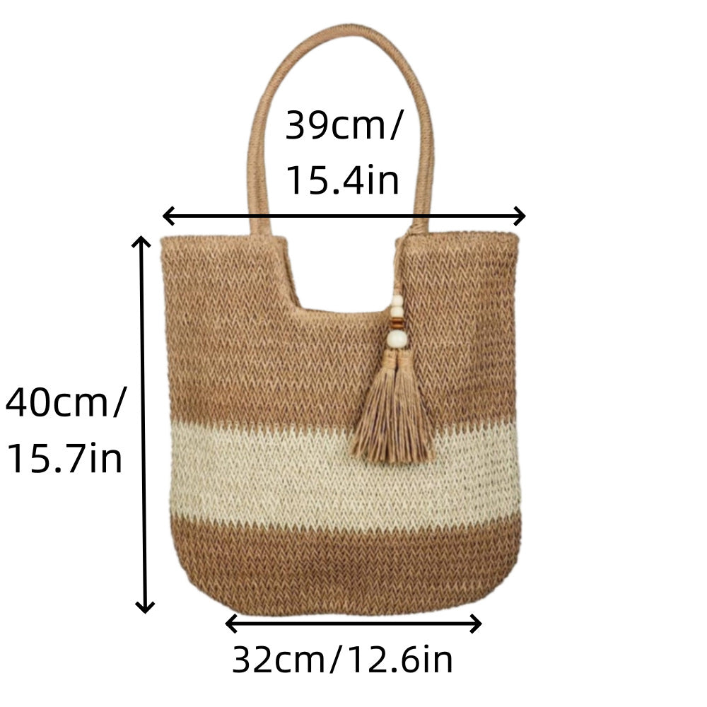 Women Casual Contrast Color Straw Woven Tote Bag
