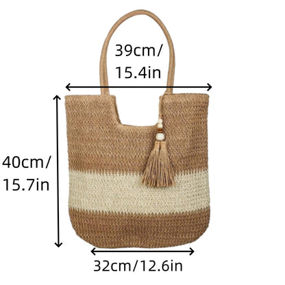 Women Casual Contrast Color Straw Woven Tote Bag