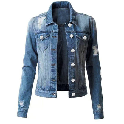 Chaqueta vaquera informal de manga larga con solapas rasgadas para mujer