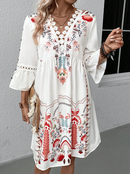 Bohemian Women Casual V-Neck Lace-Patchwork Printed Dress