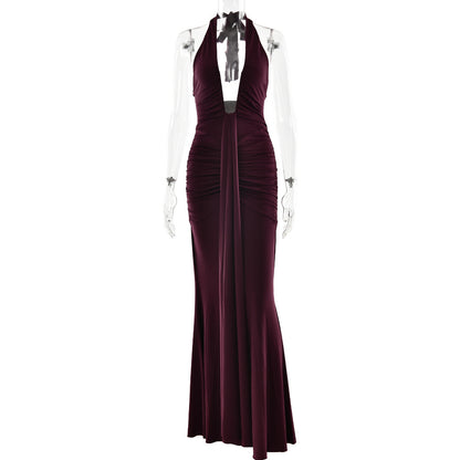 Robe sexy à col licou de couleur unie pour femme