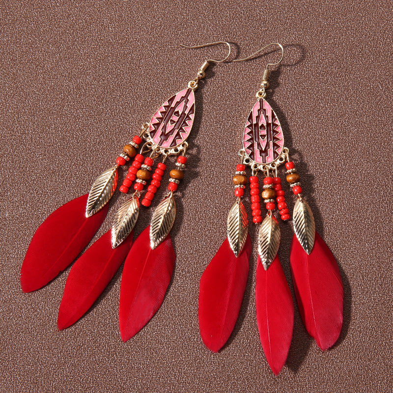 Pendientes de plumas con borlas retro de estilo étnico bohemio