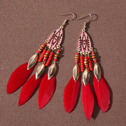 Pendientes de plumas con borlas retro de estilo étnico bohemio
