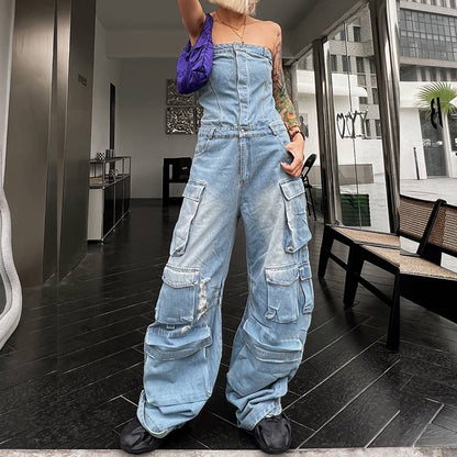 Fashion Street Women Strapless Multi-Pocket Denim Jumpsuit